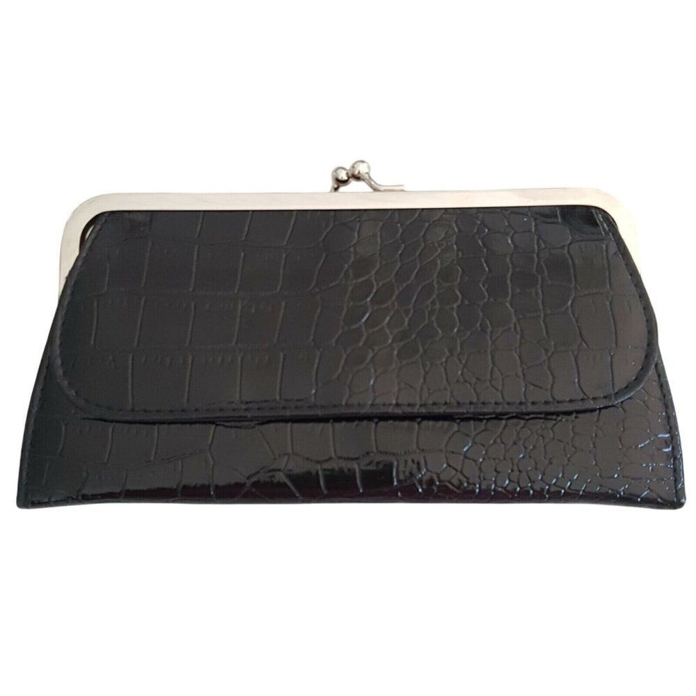 Vintage Pocketbook Black Patent Leather Croc Purse Handbag Clutch